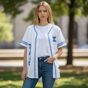 Disney Parks Lilo & Stitch Large Team Trouble 02 Button Up Baseball Jersey